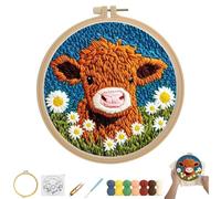 DIY Punch Needle Kit for Beginners, Cute Cartoon Highland Cow with Flower Pattern Punch Stitching Kit for Kids Adults, Perfect for Festival Decorations, with Hoop Punch Needle Instructions 20x20cm