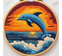 DIY Punch Needle Kits A Dolphin Jumping Under Sunset Easy for Beginners Punch Needle Yarn Starter Embroidery Set for Craft Lovers with Hoop for Home Decor 20x20cm(1)