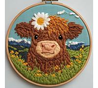 DIY Punch Needle Kits Cartoon Cute Highland Cow with Daisy Flower Embroidery Punch Needle Starter Craft with Hoop Easy for Beginners for Festival and Decoration 20x20cm-1