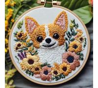 DIY Punch Needle Kits Cute Chihuahua Dog in Flowers Embroidery Punch Needle Starter Craft with Hoop Easy for Beginners for Decoration 20x20cm