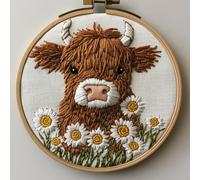 DIY Punch Needle Kits Cute Highland Cow and Daisy Flowers Embroidery Punch Needle Starter Craft with Hoop Easy for Beginners for Decoration 20x20cm-7