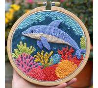 DIY Punch Needle Kits Dolphin and Corals Easy for Beginners Punch Needle Embroidery Set with Hoop Stamped Pattern for Craft Lovers and Home Decor-2