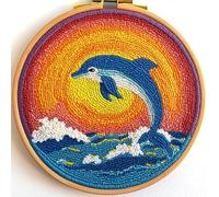 DIY Punch Needle Kits for Beginners Cartoon Dolphin Jumping Under Sunset with Hoop Embroidery Punch Needle Starter Craft Set Easy for Adults and Children Festival Gift and Decoration 20x20cm-1