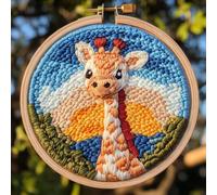DIY Punch Needle Kits for Beginners Cartoon Giraffe Sunset with Hoop Embroidery Punch Needle Starter Craft Set Easy for Adults and Children Festival Gift and Decoration 20x20cm-1