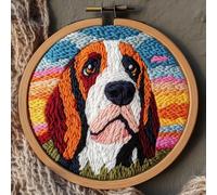 DIY Punch Needle Kits for Beginners Cute Basset Hound Dog with Sunset with Hoop Embroidery Punch Needle Starter Craft Set Easy for Adults and Children Festival Gift and Decoration 20x20cm-1