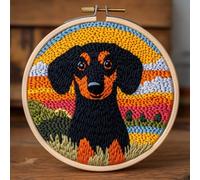 DIY Punch Needle Kits for Beginners Cute Black Dachshund with Sunset with Hoop Embroidery Punch Needle Starter Craft Set Easy for Adults and Children Festival Gift and Decoration 20x20cm-2