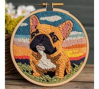 DIY Punch Needle Kits for Beginners Cute Brown French Bulldog with Sunset with Hoop Embroidery Punch Needle Starter Craft Set Easy for Adults and Children Festival Gift and Decoration 20x20cm-1