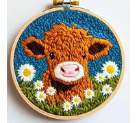 DIY Punch Needle Kits for Beginners Cute Cartoon Highland Cow with Daisy Flower with Hoop Embroidery Punch Needle Starter Craft Set Easy for Adults and Children Festival Gift and Decoration 20x20cm-1