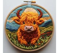 DIY Punch Needle Kits for Beginners Cute Cartoon Highland Cow with Sunset with Hoop Embroidery Punch Needle Starter Craft Set Easy for Adults and Children Festival Gift and Decoration 20x20cm-1