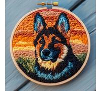 DIY Punch Needle Kits for Beginners Cute German Shepherd with Sunset with Hoop Punch Needle Starter Craft Embroidery Set Easy for Adults and Children Festival Gift and Decoration 20x20cm-1