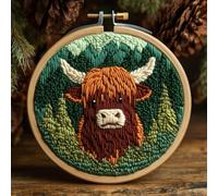 DIY Punch Needle Kits for Beginners Highland Cow with Hoop Embroidery Punch Needle Starter Craft Set Easy for Adults and Children Festival Gift and Decoration 20x20cm-1