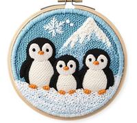 DIY Punch Needle Kits for Beginners, with Hoop Embroidery Punch Needle Starter Craft Set, Pattern Fabric, Yarn, Needle Threader, Instructions, Fun DIY Needlepoint Art Crafts 20x20cm (Penguin)