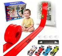 DIY Racetrack Racing Toy, Flexible Racing Track For Kids with 4 Cars, DIY Flexible Race Track 16Ft, Rolls Up Race Tracks for Loops, Jumps, Ramps, Compatible with Diecast 1/64th Cars (Red)