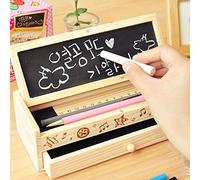DIY Retro Pencil Box, Wooden Quality 1Pcs Double Layer Drawer Pencil Case with Small Blackboard for Students Girls School Boys