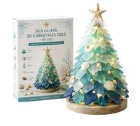 Diy Sea Glass Christmas Tree Art Kit, Handcrafted Mini ChristmasTree With Led Lights, Layer SeaGlass, Shells & Pearls Into A Glowing Coastal Xmas Tree for Holiday Tabletop Christmas Decor Craft Gift
