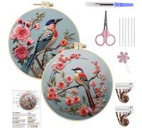 DIY Spring Birds Embroidery Kit for Beginners, 3D Birds Pattern Cross Stitch Kits with Hoop, Yarns, Instruction and Threader Tools-2PCS-A