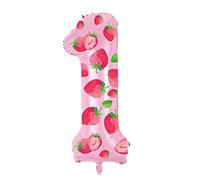 DIY Strawberry Pink Helium Mylar Number 1 Balloons - 32 Inch Foil 1st Birthday Decor with Bonus Strawberry Stickers- Fun Pink Party Balloons for Girls,Kids, DIY Theme Party Decor Supplies