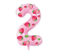 DIY Strawberry Pink Helium Mylar Number 2 Balloons - 32 Inch Foil 2nd Birthday Decor with Bonus Strawberry Stickers- Fun Pink Party Balloons for Girls, Kids, DIY Theme Party Decor Supplies