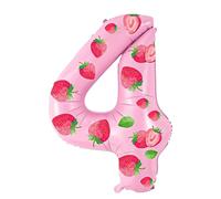 DIY Strawberry Pink Helium Mylar Number 4 Balloons - 32 Inch Foil 4th Birthday Decor with Bonus Strawberry Stickers- Fun Pink Party Balloons for Girls,Kids, DIY Theme Party Decor Supplies