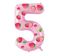 DIY Strawberry Pink Helium Mylar Number 5 Balloons - 32 Inch Foil 5th Birthday Decor with Bonus Strawberry Stickers- Fun Pink Party Balloons for Girls, Kids, DIY Theme Party Decor Supplies