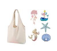 DIY Tote Bags with Blue Whale, Starfish, Seashell Beach Themed Canvas Shoulder Handbag Coastal Bags