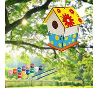 DIY Wooden Birdhouse Craft Kit Unpainted Build Paint Hanging Set with 12 Colors Paints and 2 Brushes for Kids Art Project Home Garden Decoration