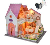 DIY Wooden Dollhouse Construction Kit with Music Function, Two-Level Miniature Villa with Heart Pool, Craft Set with Colour Instructions, Teenagers and Adults from 14 Years