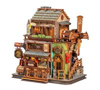 DIY Wooden Mechanical Model Kit, Corner Tavern Miniature with LED | Moving gears and LED lights, laser cut wooden pieces, vintage tavern design, relaxing DIY craft, unique collector display