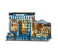 DIY Wooden Santorini Sun Coffee House Figurines Miniature Kits with LED Lights Home Desk Decoration for Adult Handmade Gifts Sun Coffee House