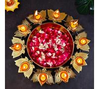 Diya Shape Flower Decorative Urli Bowl, Metal for Home Handcrafted Bowl for Floating Flowers and Tea Light Candles Home,Office and Table Decor| Diwali Decoration Items for Home (Leaf Design)