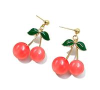 DIYANMMY Handmade Creative Light Weight 3D Red Fruits Earrings Plated Sweet & Green Crystal Leaf Lovely Cherry Tassel Dangle Drop Earrings For Women, 1, Metal, No Gemstone