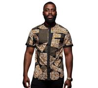 D'IYANU | Olu Men's African Print Button-Up | Short Sleeve Premium Ankara Comfortable and Traditional, Black/Brown Geometric, XL