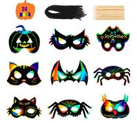 DIYASY 24pcs Halloween Scratch Art Mask, Scratch Paper Mask Magic Scratch Art Rainbow Scratch Card Mask with Wooden Stylus and Colorful Ribbons for Halloween Art Craft Projects Doodling.