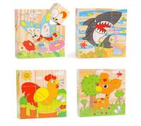 DIYASY 4 Pack Wooden Block Puzzles, 6 in 1 Wooden Toys 3D Jigsaw Wood Building Blocks for 1 2 3 + Years Toddlers