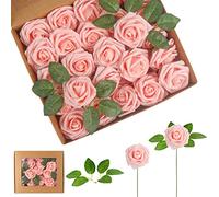 DIYASY 50pcs Artificial Rose Flowers, Blush Pink Roses, Real Touch Foam Roses with Stem for Wedding, Bouquets, Party, Home Decoration
