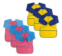 DIYASY 6 Pack Kids Painting Apron, Waterproof Children Toddler Art Smock with Long Sleeves and 3 Roomy Pockets, Age 2-5 Years Boys and Girls Play Apron for Painting, Cooking, Baking (Yellow+Pink)
