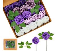 DIYASY Artificial Purple Roses Flowers, 50pcs Real Touch Foam Roses with Stem for Wedding, Bouquets, Party, Home Decoration