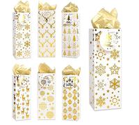 DIYASY Christmas Kraft Wine Bags, 12 Pack Christmas Bottle Bags with Gift Tags and Gold Tissue Paper Xmas Bottle Gift Bags for Wine Champagne