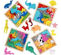 DIYASY Wooden Puzzles for 3+ Years Old, 4 Pack Dinosaur/Animal/Fish/Farm Animals Wooden Board Jigsaw Puzzle, Colourful Montessori Toys For Toddlers