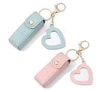 DIYBravo 2 pcs Lipstick Cases Keychain Chapstick Case Holder Lip Balm Sleeves Pouch with Mirror Heart Shaped, Portable Leather Lip Gloss Mini Bags Stocking Stuffers (pink+turquoise)