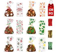 DIYDEC 120pcs Christmas Cellophane Candy Bags, Xmas Clear Treat Sweet Goody Bags with Twist Tie for Christmas Party Supplies