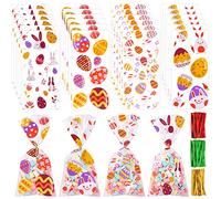 DIYDEC 120pcs Easter Cellophane Candy Bags, Bunny Egg Clear Treat Sweet Goody Bags with Twist Tie for Easter Party Supplies