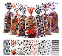 DIYDEC 120pcs Halloween Cellophane Bags, Halloween Sweet Candy Cookie Cellophane Bags Pumpkin Bat Ghosts Pattern Transparent Trick or Treat Bags with Twist Tie for halloween Party Favors Supplies