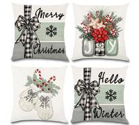 DIYDEC 4pcs Christmas Pillow Covers 18 x 18 Inch Xmas Winter Pillow Cushion Cases for Christmas Holiday Home Decorations Throw Outdoor Seasonal Pillow Covers for Couch Sofa Farmhouse