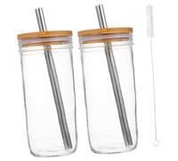 DIYEAH 24oz Mason Jar Juice Cups Set of 2 Glass Drinking Mugs Wooden Lids, Reusable Straws and Straw Brush, Multi-Function Beverage Supplies for Daily Use and Office