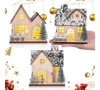 DIYEAH 3 Pcs LED Wooden Christmas Houses for Crafts with Decorative Arrangement and Rustic Style, Miniature Glowing Xmas Village Ornaments for Table Centerpieces and Festive Dinner