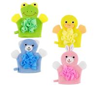 DIYEAH 4pcs Bath Exfoliating Gloves Cartoon Body Scrubber Set, Soft Shower Mitts with Yellow Duck, Green Frog, Pink Rabbit, Blue Bear for Gentle Bathing