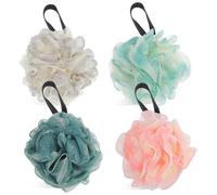 DIYEAH 4pcs Large Colored Bath Loofahs Shower Scrubbers Exfoliating Body Wash Balls with Mesh Pouf in Mint Green, Pink, Coffee, and Navy Blue for Bathroom Bathing
