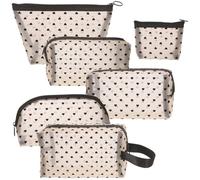 DIYEAH 6pcs Small Mesh Heart Makeup Bag Set, Portable Cosmetic Pouches for Travel, Zippered Makeup Organizer Bags for Women, Beige Mesh with Black Heart Design