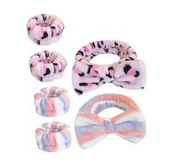 DIYEAH 6pcs Women’s Face Wash Headband and Wrist Set, Pink Leopard and Blue Red Striped Fleece Sweat-absorbing Spa Hairbands for Skincare and Makeup Removal